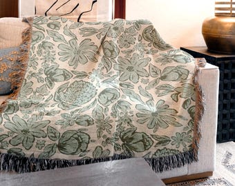 Manta tejida floral, tapiz de pared estilo cottage core, toile de Jouy verde, regalo para el hogar, manta para sofá y cama, decoración original, Día de la Madre