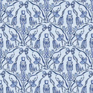 May include: A repeating pattern featuring blue and white illustrations of nutcrackers, ballerinas, ballet shoes, and bows. The design has a vintage, hand-drawn aesthetic, perfect for fabric or wallpaper.