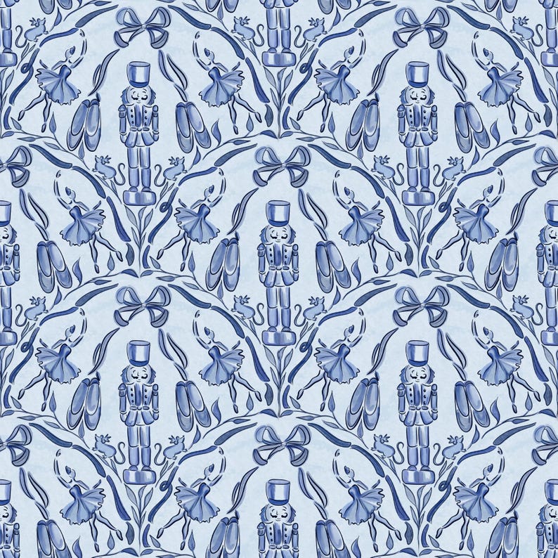 May include: A repeating pattern featuring blue and white illustrations of nutcrackers, ballerinas, ballet shoes, and bows. The design has a vintage, hand-drawn aesthetic, perfect for fabric or wallpaper.