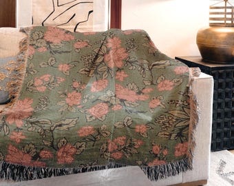 Manta tejida floral, tapiz de pared estilo cottage core, toile de Jouy rosa, regalo para el hogar, manta para sofá y cama, decoración original, Día de la Madre