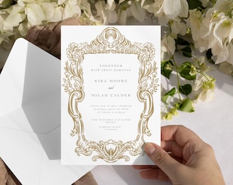 Tarjeta de invitación de boda con Toiles De Jouy / Estética para futuras novias / Diseño vintage imprimible / SVG personalizado dibujado a mano / Decoración de bodas / Pareja comprometida