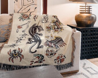 Cotton Woven Throw Blanket, American Traditional Flash Tattoo, Bedding Coverlet, Wall Art Woven Tapestry, Vintage Design
