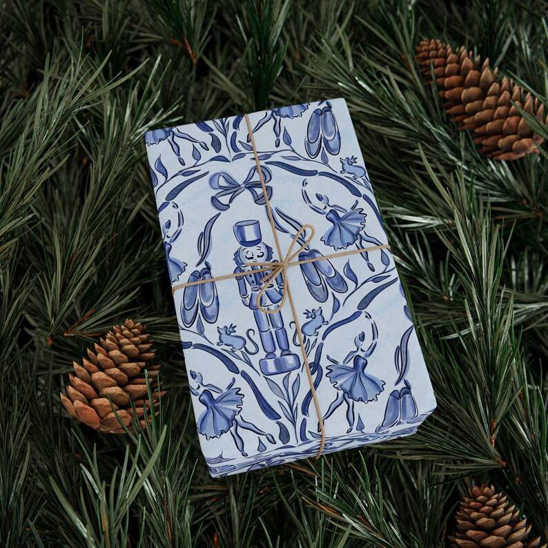 Holiday Gift Wrap Nutcracker Coquette Wrapping Paper with Illustrated Christmas Watercolor Toile Design Festive Blue Nutcracker Gift Wrap image 6