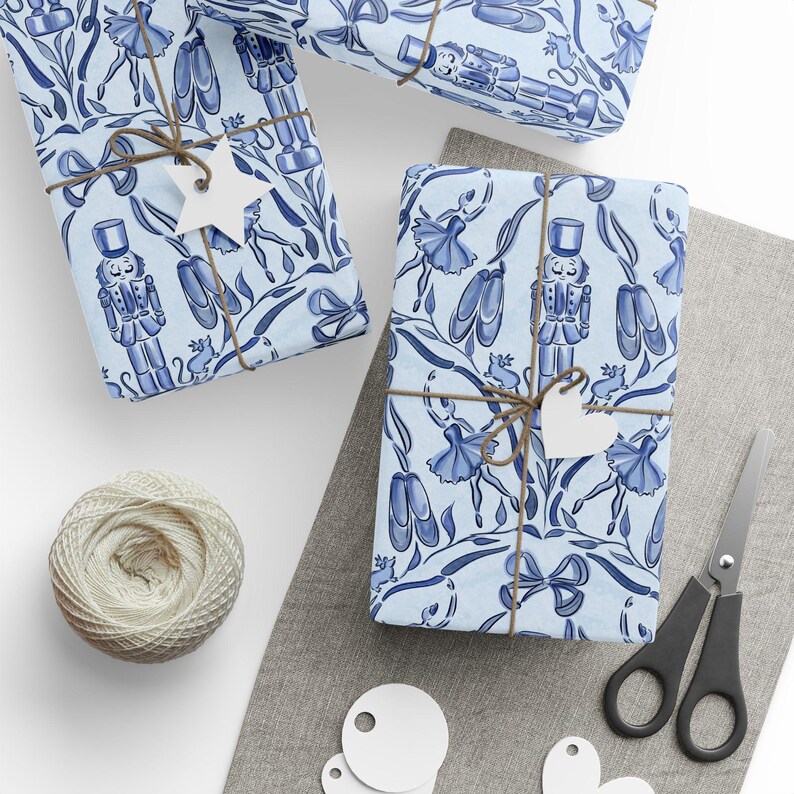 Holiday Gift Wrap Nutcracker Coquette Wrapping Paper with Illustrated Christmas Watercolor Toile Design Festive Blue Nutcracker Gift Wrap image 8