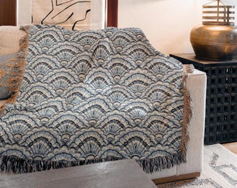 Decoración playera con conchas marinas, manta tejida 100% algodón, decoración de pared costera azul, tapiz decorativo para casa de playa, azul minimalista