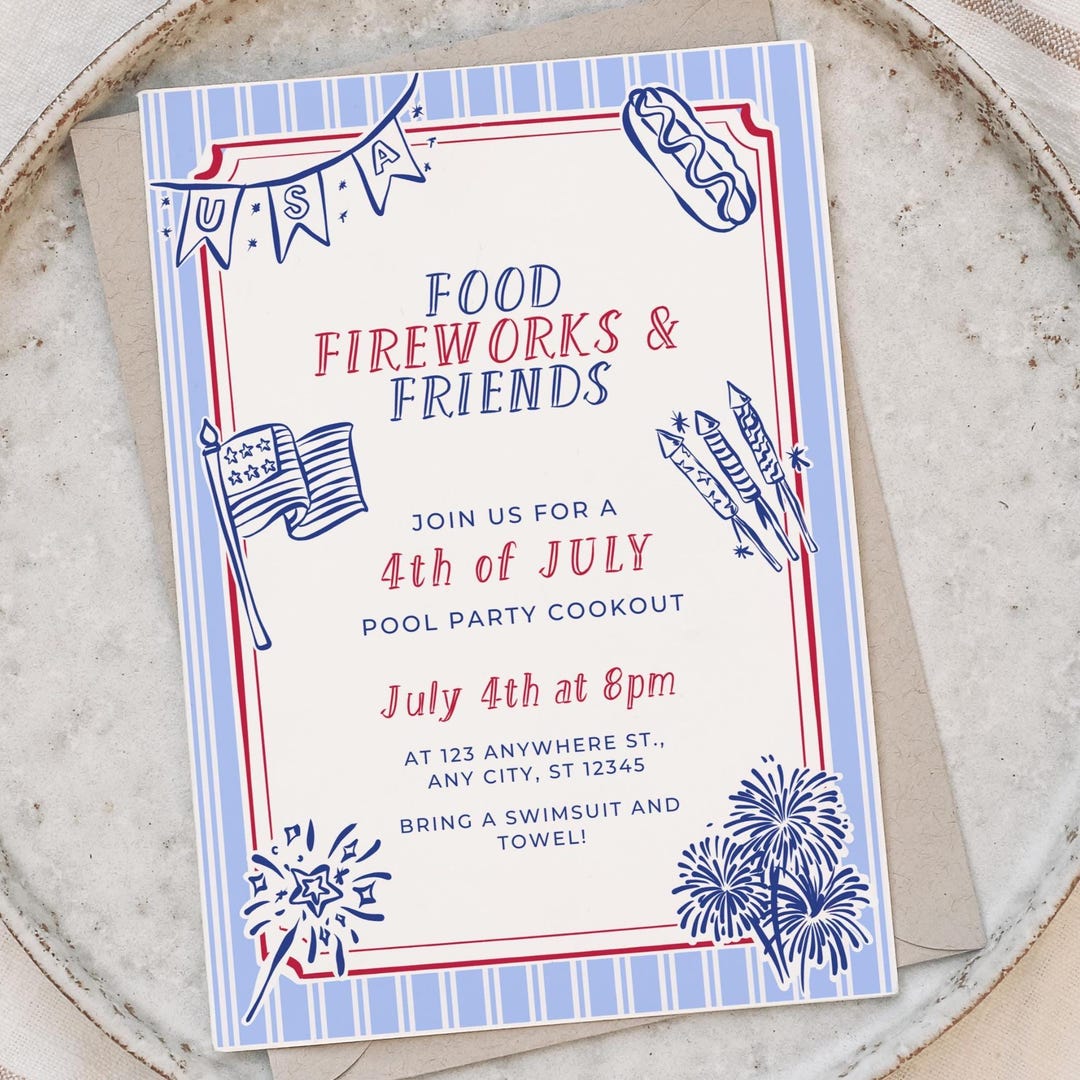 Editable 4th of July BBQ Party Invitation Template, Red White and Blue ...