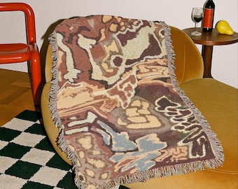 Manta tejida, verde salvia, azul claro, terracota y beige, manta texturizada, tapiz decorativo para pared, arte abstracto minimalista neutro.