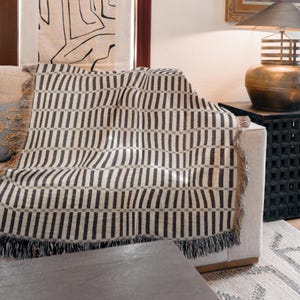 Könnte beinhalten: Eine beige und dunkelgrau gemusterte Decke, die über einem Sofa drapiert ist. Die Decke hat ein sich wiederholendes vertikales Streifendesign mit einem Fransenrand. Das Sofa ist neutral getönt, und der Hintergrund umfasst eine Lampe und Kunstwerke.