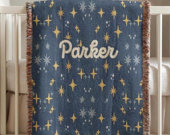 Personalized Woven Blanket, Decorative Name Custom Star Pattern, Baby Girl Swaddle, Nursery Decoration Neutral, Baby Shower Gift, Tapestry