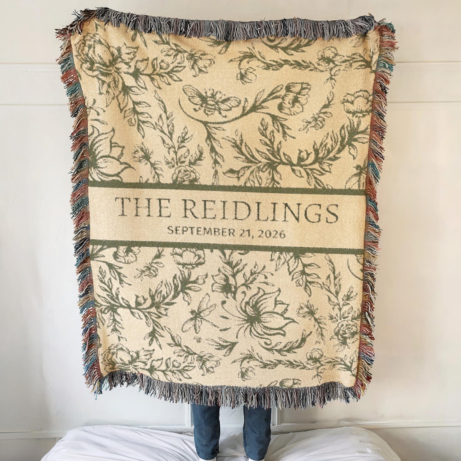 The Schrickers- Est. 2026-52"x37"-Personalized Woven Throw Blanket, Cotton Anniversary Gift For Couple, Custom Family Name Blanket, Wedding Bridal Shower Floral Toile de Jouy