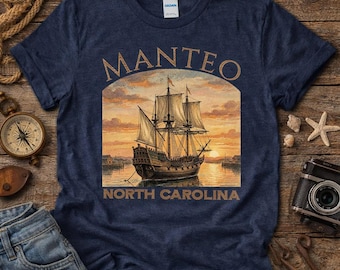 Manteo North Carolina Ship Sunset Tee, Outer Banks Coastal Souvenir Shirt, Roanoke Island NC Travel T-Shirt