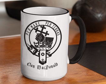 MacDonald Name Crest Coffee Mug, Scottish Clan McDonald Arm Crest 15oz. Mug, Donald Clans Scotland Ancestry Gift Heritage Symbol Family Arms