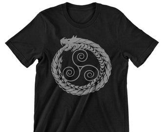 Celtic Ouroboros Snake T-Shirt, Triskelion Celtic Knot Sea Serpent Tee, Dark Celtic Jormungandr, Druidry and Viking Glyphs, Unisex