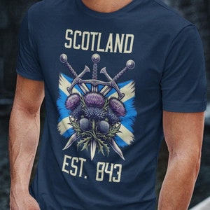 Scotland Est. 843 T-Shirt, Scottish Flag Thistle Swords Tee, Scotland Grunge Shirt, Scotland UK Travel Shirt, Scottish Highlands T Shirt