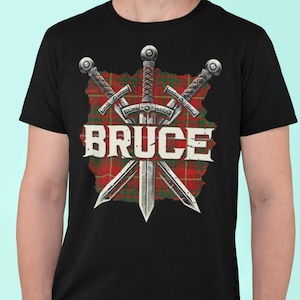 Clan Bruce T Shirt, Bruce Tartan Sword Tee, Clan Bruce Family Name, Scottish Clan Tees, Scotland Tartan Personalized Plaid Shirt, Robert The