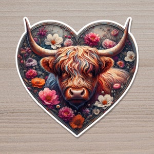 Highland Cow Heart Sticker, Scottish Cow Heart and Wild Flowers of Scotland, Beautiful Highland Cow Floral Valentine's Day Gift Sticker