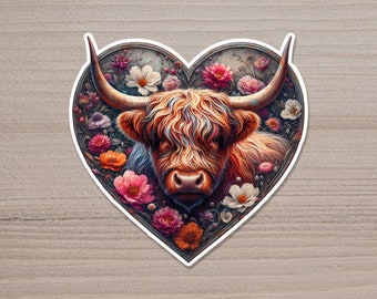 Highland Cow Valentines Sticker, Scottish Cow Heart and Wild Flowers of Scotland, Beautiful Highland Cow Floral Valentine's Day Gift Sticker