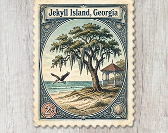 Adesivo estilo selo postal da Ilha Jekyll, adesivo vintage da costa da Geórgia, lembrança costeira da Geórgia, decalque do estado da Geórgia, adesivos de viagem costeira