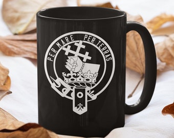 MacDonald Name Crest Coffee Mug, Scottish Clan McDonald Arm Black 15oz. Mug, Donald Clans Scotland Ancestry Gift Heritage Symbol Family Arms