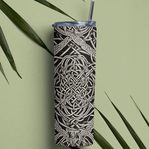 Celtic Knot Skinny Tumbler, Tribal Tattoo 20oz Hot + Cold Mug, Irish Gaelic Symbols, Celtic Knot Vine Druidry Artwork, Irish Celtic Knotwork