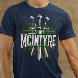 Clan MacIntyre T Shirt, McIntyre Tartan Sword Tee, MacIntire Family Name, Scottish Clan Tees, Scotland Tartan Personalize Plaid Shirt