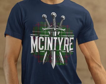 Clan MacIntyre T Shirt, McIntyre Tartan Sword Tee, MacIntire Family Name, Scottish Clan Tees, Scotland Tartan Personalize Plaid Shirt