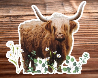 Highland Cow Sticker, Scottish Cattle and Wild Flowers of Scotland, Beautiful Highland Cow Sticker with Floral Bouquet