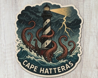 Adesivo do Farol de Cape Hatteras, Adesivo Vintage Kraken OBX, Lembrança de Outer Banks NC, Decalque de Outer Banks, Adesivos de Viagem Costeira, Criptídeos