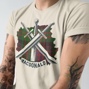 Clan MacDonald T Shirt, MacDonald Tartan Swords Tee, Clan Donald Family Name, Scottish Clan Tees, Scotland Tartan Personalized Plaid T-Shirt