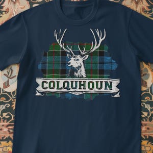 Clan Colquhoun T Shirt, Colquhoun Tartan Crest Tee, Colquhoun Family Name, Scottish Clan Tees, Scotland Tartan Personalized Plaid Shirt