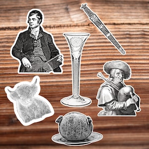 Scottish Sticker Pack, Burns Night Jacobite Dinner Party Stickers, Highland Cow Bagpipes and Haggis, 6 Robert Burns Vintage Scotland Sticker