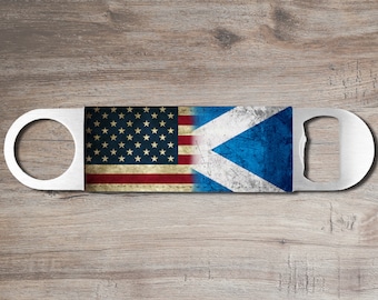 Scottish American Bottle Opener, Scottish Groomsman Gift, Leather Wrap Flag of Scotland, USA Flag American Stainless Steel Pub Key