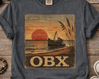Outer Banks T Shirt, OBX North Carolina Sunset Tee, OBX Souvenir Shipwreck T-Shirt, Vintage Outer Banks Coastal Shirt