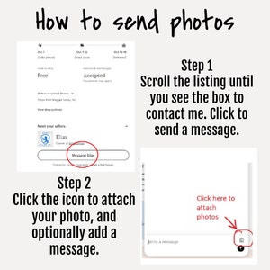 May include: A screenshot of a computer screen showing instructions on how to send photos to an Etsy seller. The instructions say to scroll the listing until you see the box to contact the seller, click to send a message, and then click the icon to attach your photo and optionally add a message.