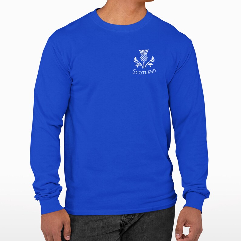 Scottish Thistle Long Sleeve Shirt, Men's Saltire Royal Blue Scotland T-Shirt, Celtic Shield Knot, Scotsman Knotwork Long Sleeved Tee image 3