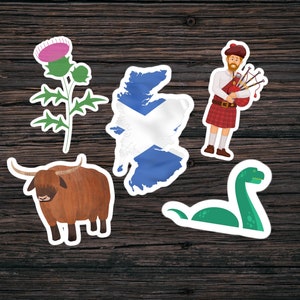 Scottish Sticker Pack, Bagpiper Highland Cow Loch Ness Monster Party Stickers, Scotland Thistle and Nessie Minimalist Stickers Gift Pack image 1
