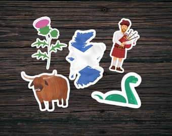 Scottish Sticker Pack, Bagpiper Highland Cow Loch Ness Monster Party Stickers, Scotland Thistle and Nessie Minimalist Stickers Gift Pack