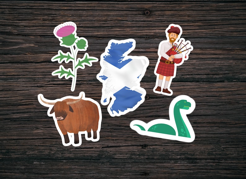 Scottish Sticker Pack, Bagpiper Highland Cow Loch Ness Monster Party Stickers, Scotland Thistle and Nessie Minimalist Stickers Gift Pack image 1