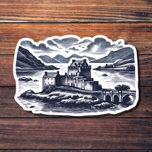 Eilean Donan Castle Scotland Sticker, Vintage Sketch Highland Landscape Stickers, Scottish Souvenir Travel Bumper Sticker, Scotland Stickers