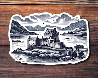 Eilean Donan Castle Scotland Sticker, Vintage Sketch Highland Landscape Stickers, Scottish Souvenir Travel Bumper Sticker, Scotland Stickers