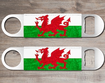 Welsh Flag Bottle Opener, Wales Groomsman Gift, Leather Wrap Y Ddraig Goch Dragon Symbol, Family Keepsake Stainless Steel Pub Accessory