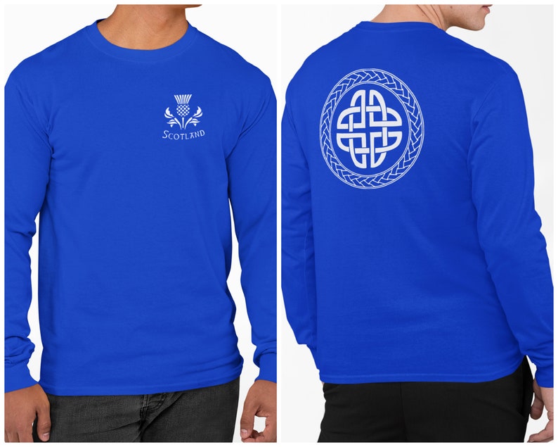 Scottish Thistle Long Sleeve Shirt, Men's Saltire Royal Blue Scotland T-Shirt, Celtic Shield Knot, Scotsman Knotwork Long Sleeved Tee image 1