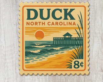 May include: A vintage-style stamp featuring a beach scene with the text "DUCK NORTH CAROLINA." The design includes a pier, ocean waves, a setting sun, and tall grass. The stamp is in shades of orange, green, and blue, with the value of "8¢".