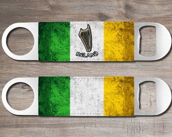 Irish Flag Bottle Opener, Irish Groomsman Gift, Leather Wrap Harp and Flag of Ireland, Eire Family Keepsake Stainless Steel Pub Accessory