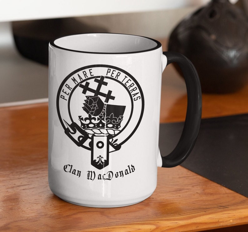 MacDonald Name Crest Coffee Mug, Scottish Clan McDonald Arm Crest 15oz. Mug, Donald Clans Scotland Ancestry Gift Heritage Symbol Family Arms image 1