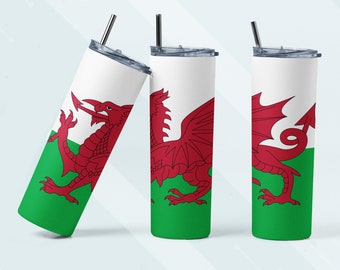 Welsh Flag Tumbler, Dragon Banner Thermal Hot and Cold Skinny Mug, Cymru Am Byth, Cymraeg 20oz. Metal Skinny Tumbler Cup with Straw