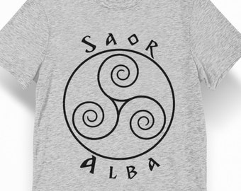 Saor Alba Scotland T Shirt, Scottish Independence Pictish Tee, Ancient Celtic Triskelion, Sporty Heather Gray Unisex T-Shirt