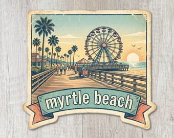 Adesivo de Myrtle Beach, Adesivo Vintage do Calçadão de Myrtle Beach, Lembrança da Paisagem Urbana da Carolina do Sul, Adesivo Decorativo da Carolina do Sul, Adesivos de Viagem Costeira