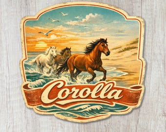 Adesivo Corolla NC, Adesivo Vintage de Cavalos Selvagens e Dunas de Outer Banks (OBX), Lembrança de Outer Banks, Carolina do Norte, Adesivo de Viagem Costeira