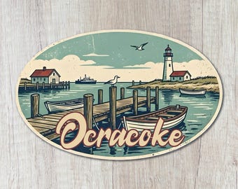 Adesivo de Ocracoke, Carolina do Norte; Adesivo vintage de Silver Lake Harbor, Outer Banks; Lembrança do farol de Outer Banks, Carolina do Norte; Adesivos turísticos da costa da Carolina do Norte.